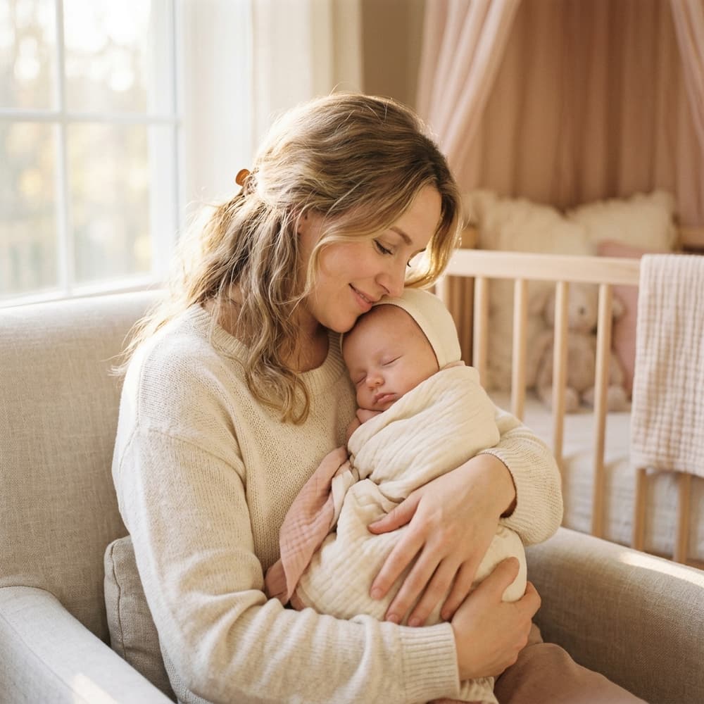 Mãe tranquila com bebê dormindo